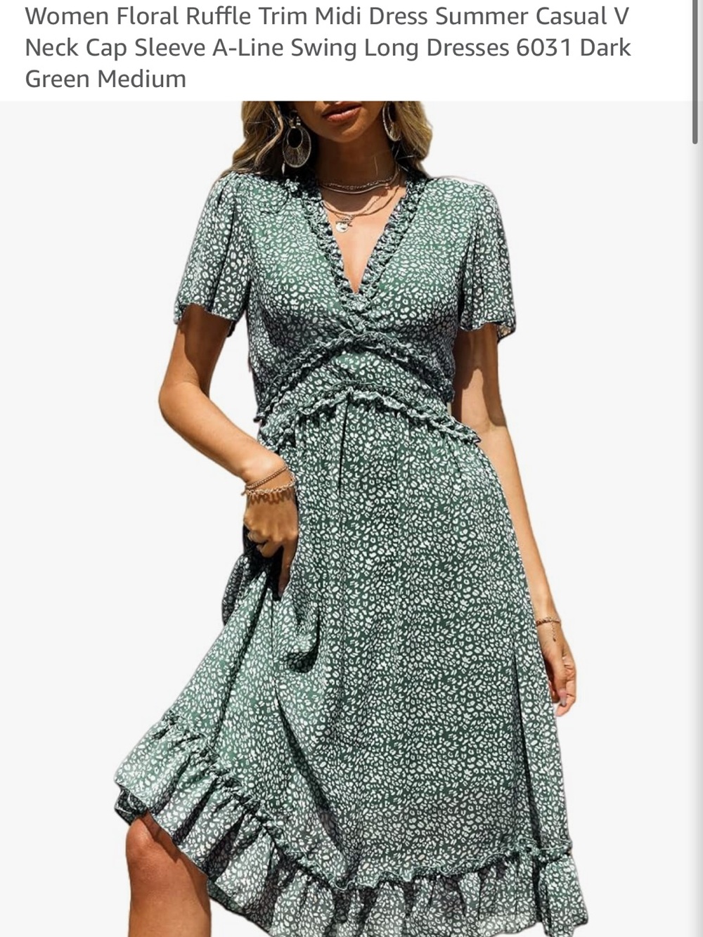 Green Floral V-Neck Wrap Midi Dress with Flutter Sleeves - Picture 5 of 7